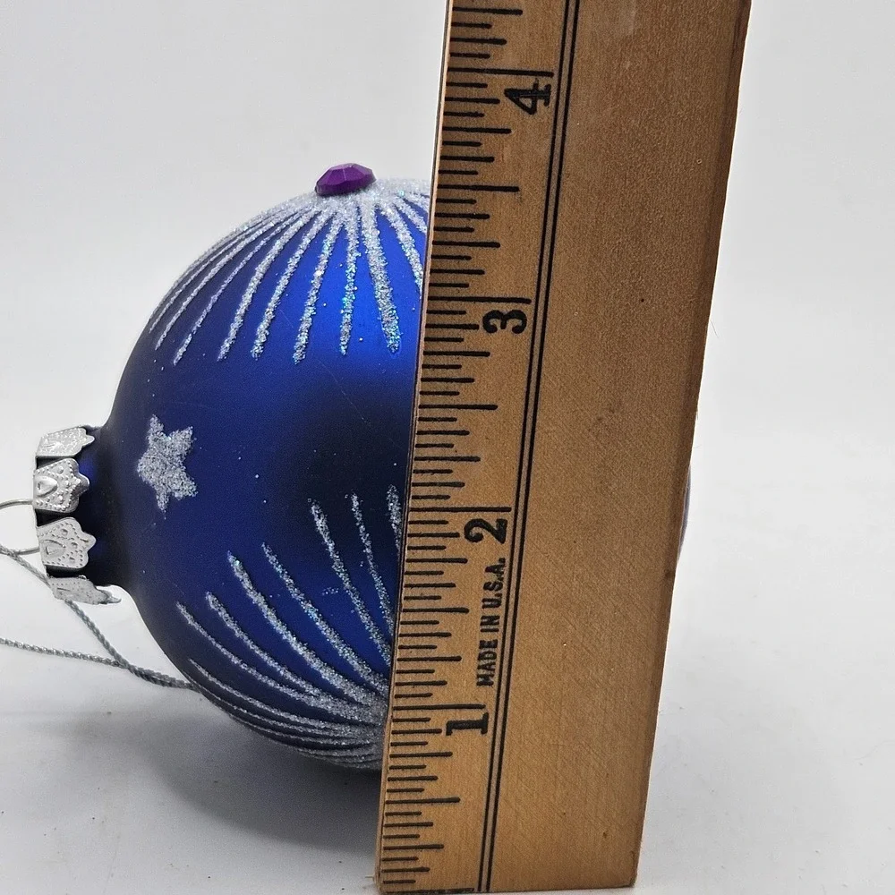 Vintage Blue Glass Christmas Ball Ornament Glitter Starburst‎ Purple Jewel